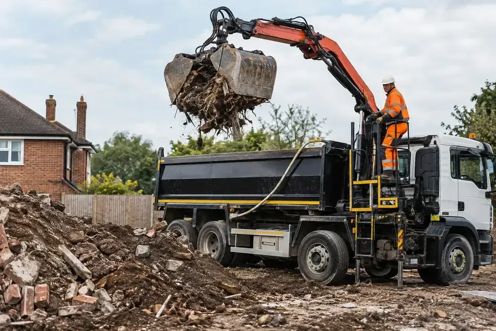 Grab lorry loading a pile of loose soil or rubble