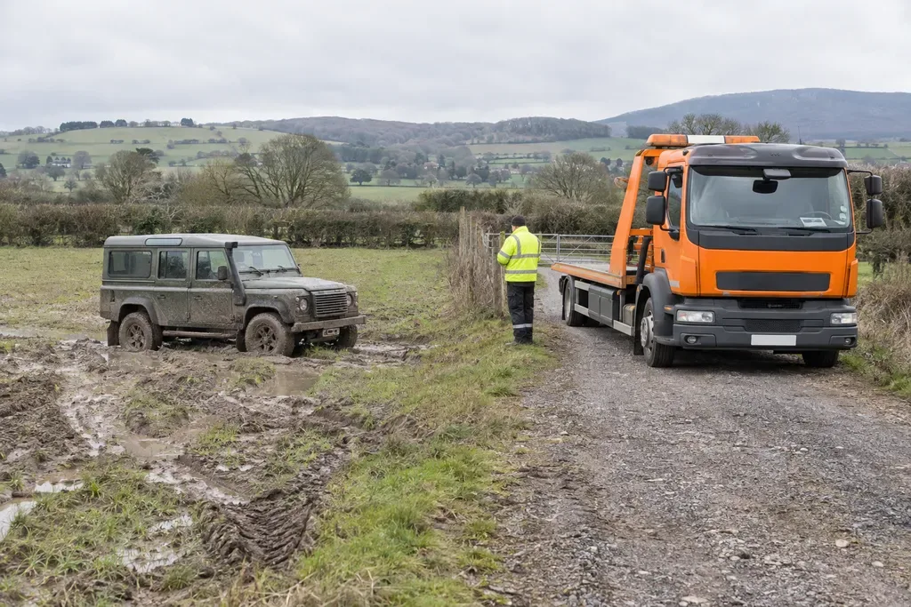 Muddy four-wheel-drive vehicle beside a recovery truck on firm ground