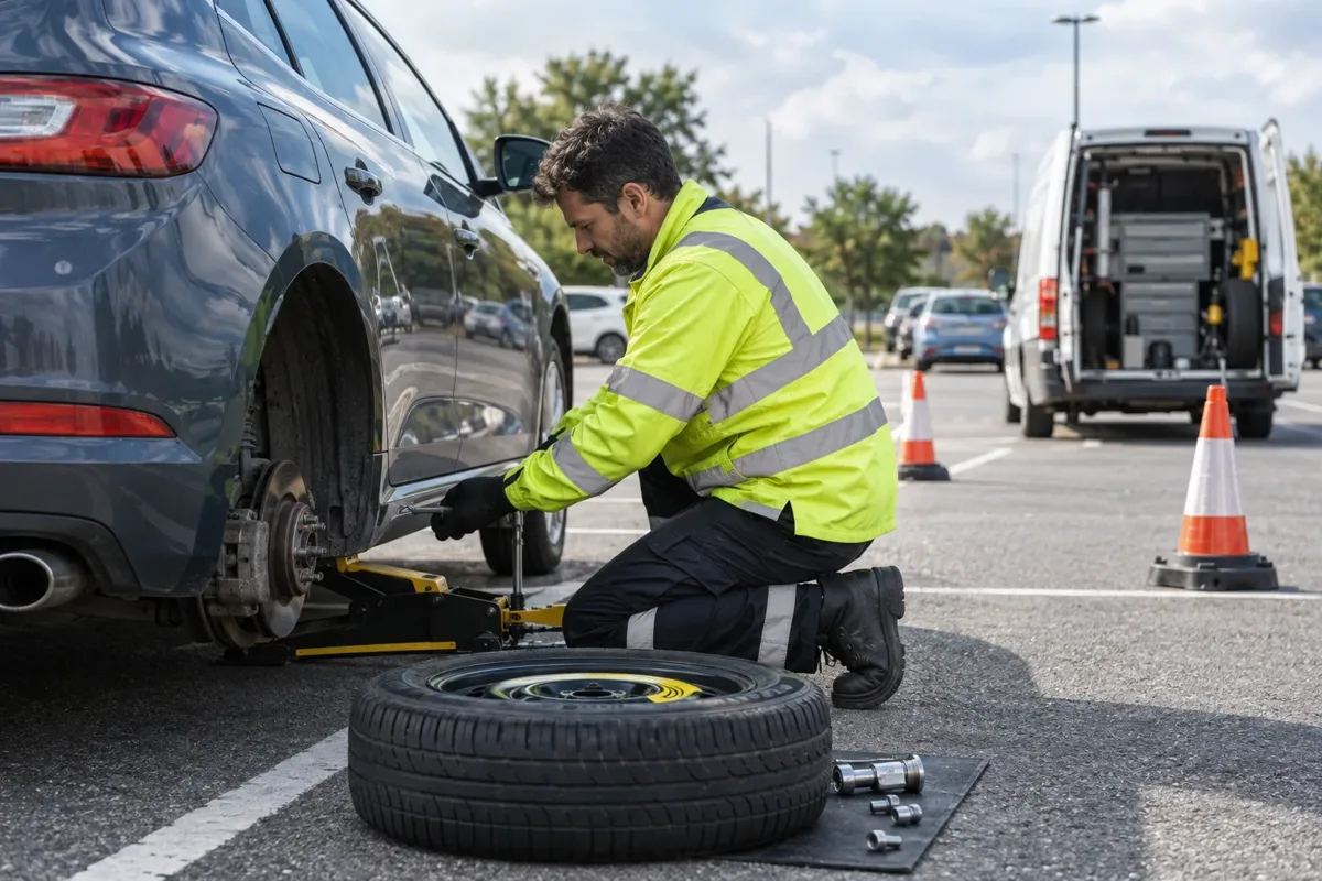 Technician carrying out a safe roadside tyre change in a marked parking bay