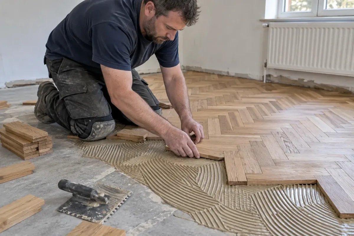 Floor fitter in knee pads placing small oak parquet blocks in a herringbone pattern on adhesive-coated subfloor, clearly visible individual rectangular parquet blocks and notched trowel.