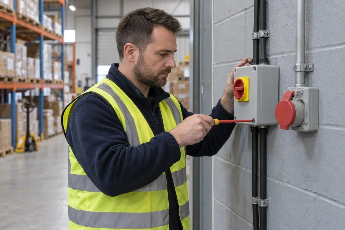Electrician securing an enclosed industrial isolator in a warehouse.