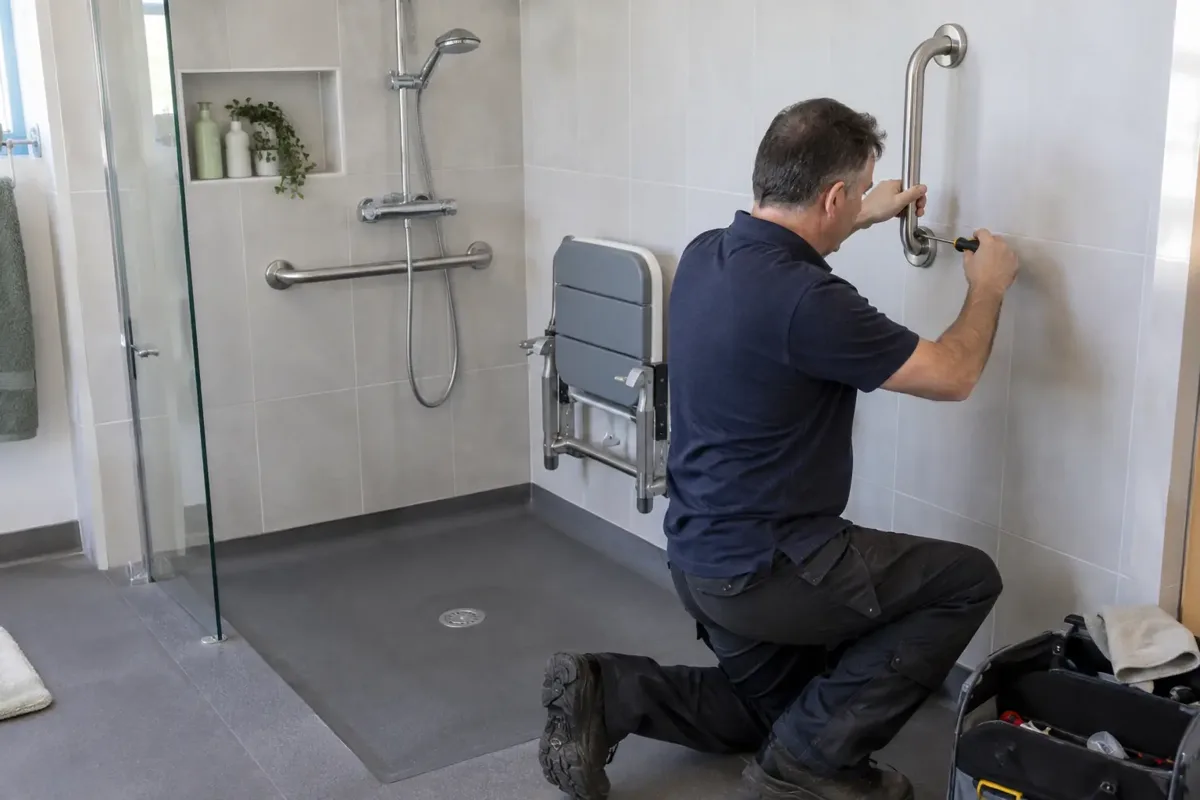 Installer securing a stainless steel grab rail beside a fold-down seat in a modern step-free accessible shower. Wide level entry, non-slip floor, handheld shower and support rails clearly visible, realistic screwdriver and hands.