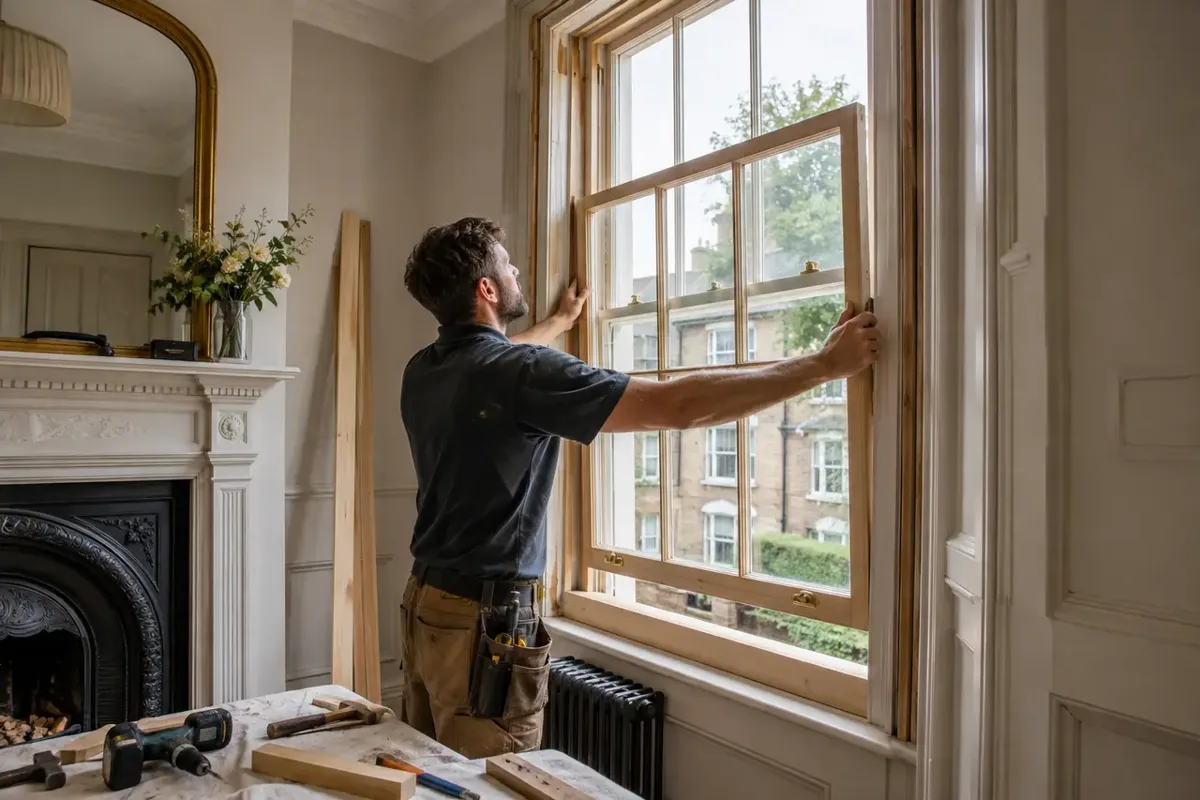 Carpenter repairing a timber window
