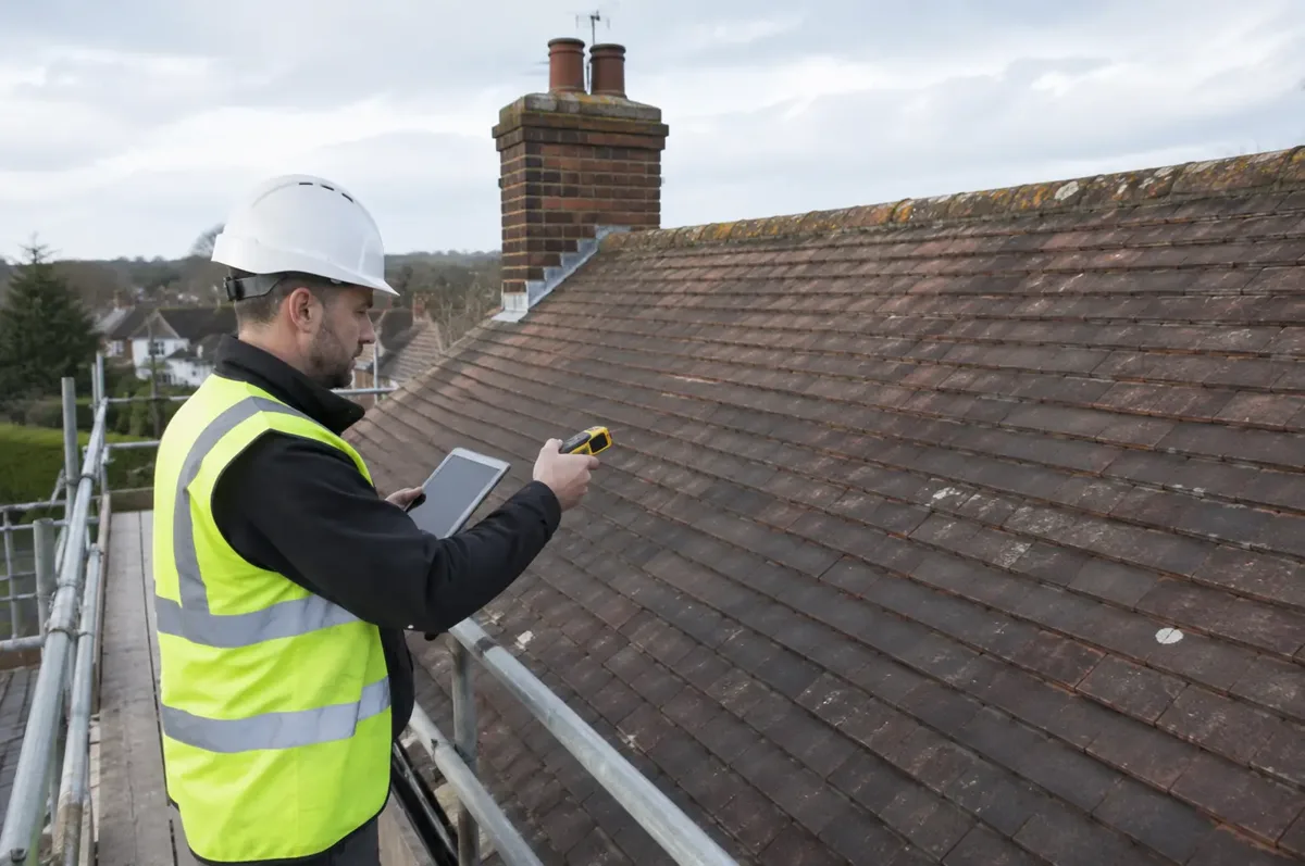 Surveyor inspecting an unoccupied tiled roof from scaffold with a measuring device and tablet.