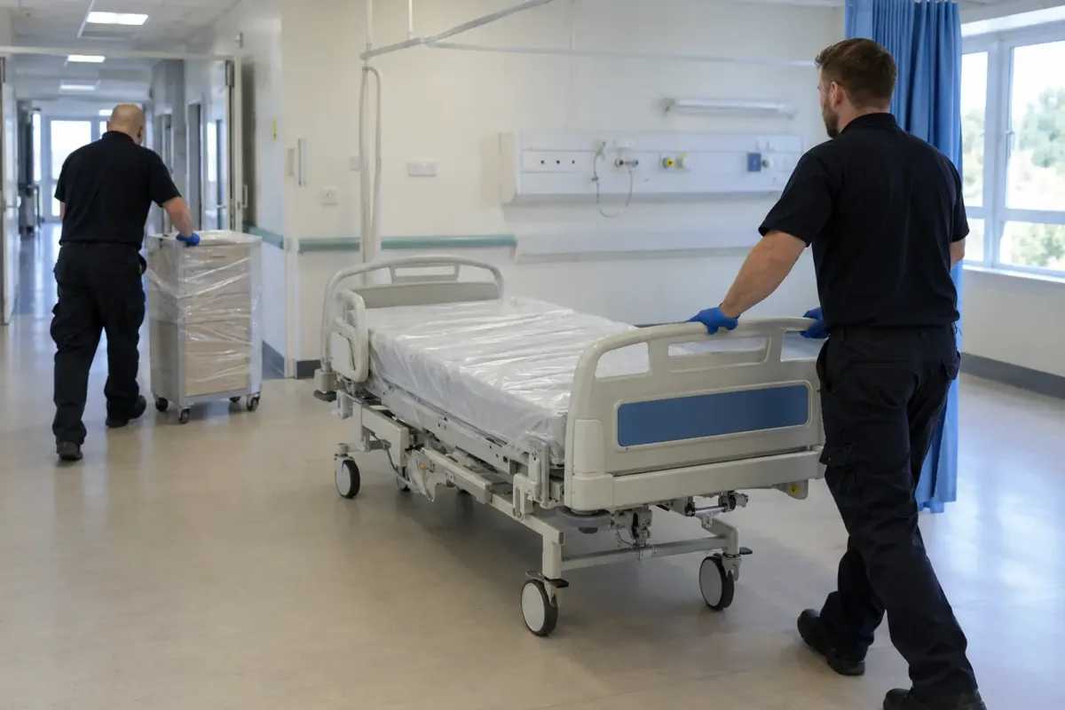 Specialist removal workers relocating an empty hospital ward, carefully rolling a clean secured hospital bed and a wrapped bedside cabinet along an empty hospital corridor; medical headwall and curtain track visible, gloves and clean workwear, no patients.