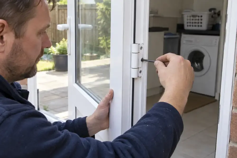 Technician adjusting the flag hinge of a uPVC rear door
