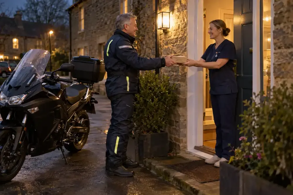 a motorcycle courier preparing or handing over a suitable consignment