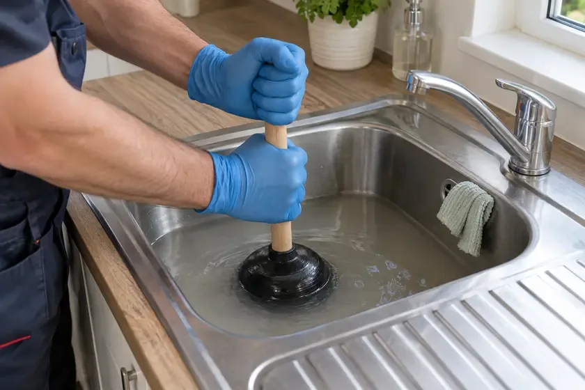 Plumber clearing a blocked kitchen sink using a cup plunger.