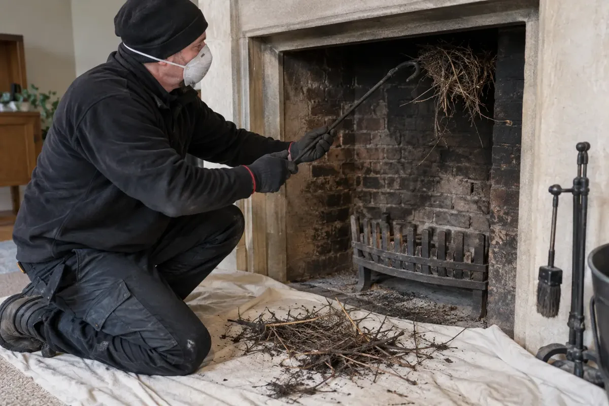 Chimney specialist kneeling at a cold open fireplace, carefully removing an old empty bundle of twigs from the flue throat with a hooked retrieval rod. Collected dry nesting debris on a dust sheet. No birds, eggs or active nest, gloves and dust mask.