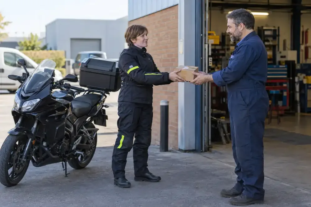 a motorcycle courier preparing or handing over a suitable consignment