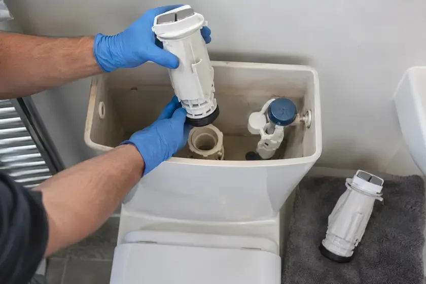 Plumber lifting a dual-flush valve from a drained cistern during replacement.