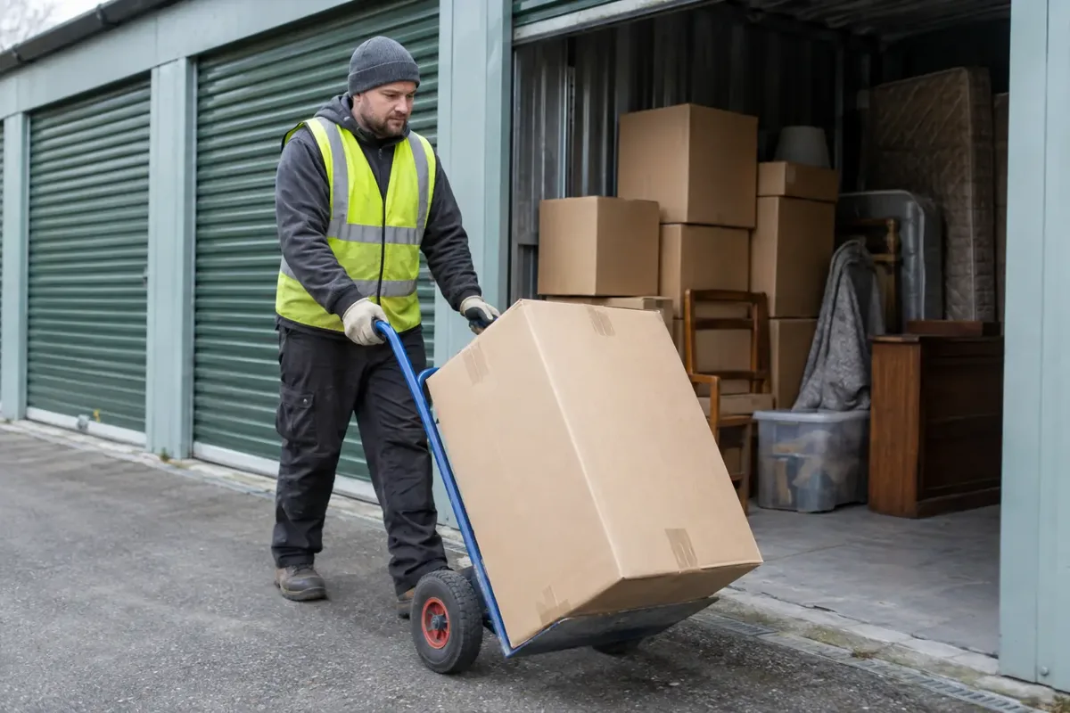 Clearance worker moving a large cardboard box on a sack trolley out of a roller-shutter storage unit containing boxes and furniture.