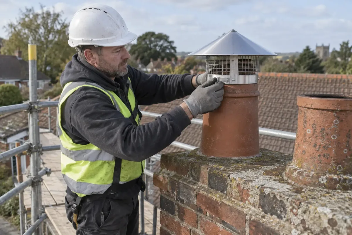 Worker on a properly guarded scaffold platform fitting an unbranded stainless-steel rain cowl onto a terracotta chimney pot on a brick chimney stack. Close accessible chimney-top view, roof tiles behind, hard hat and gloves, safe work platform visible.