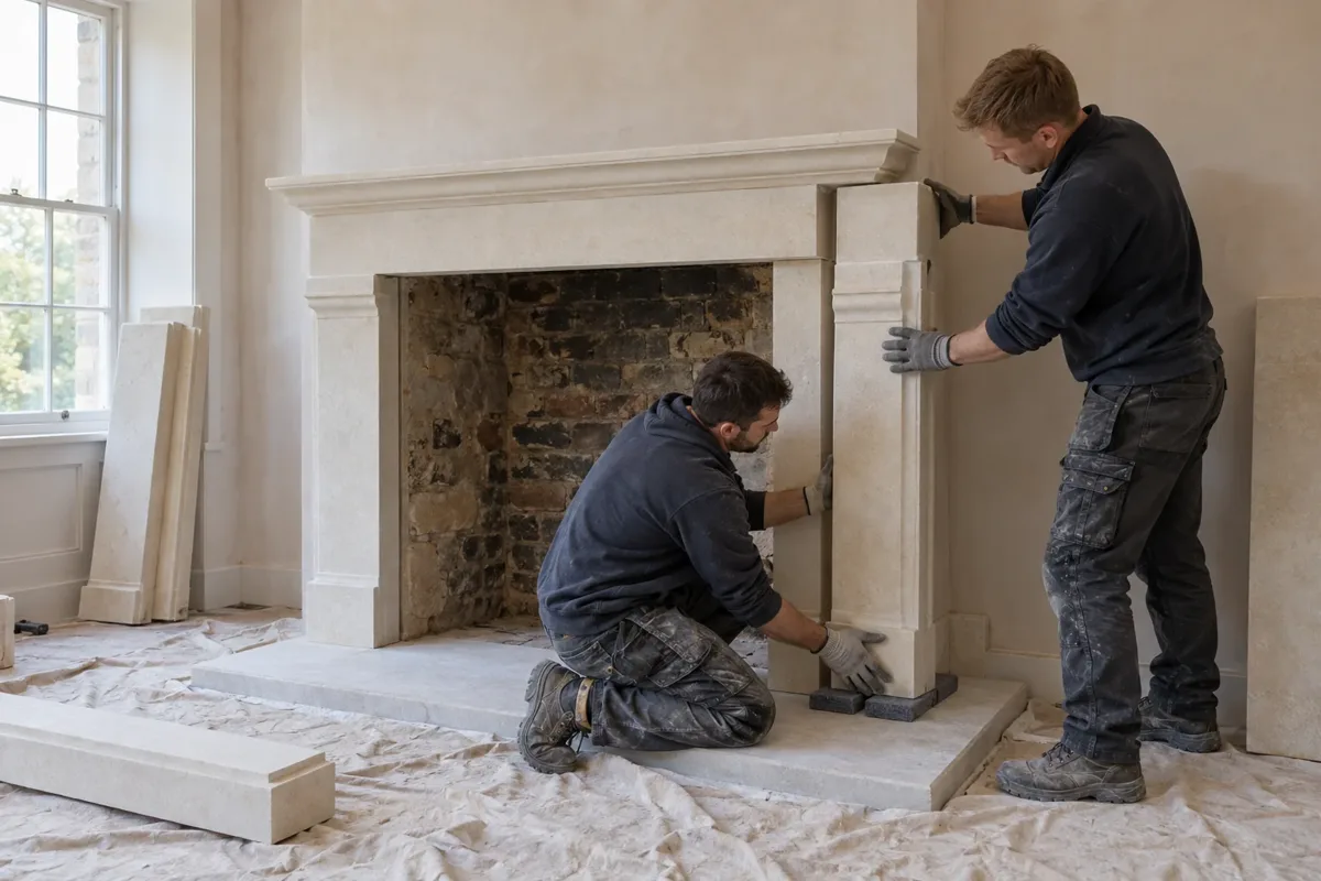 Stone fireplace installation specialist at work