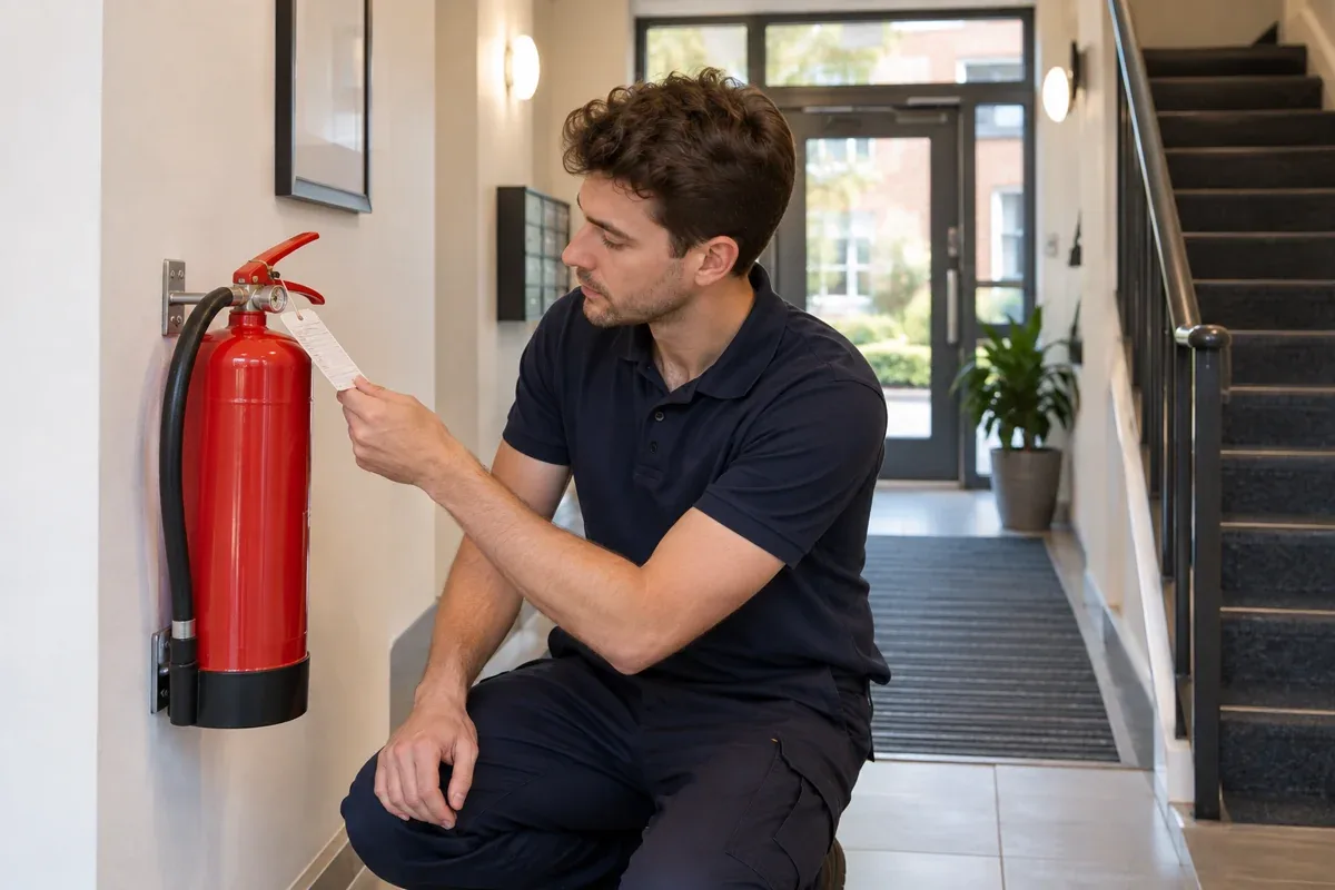 AI-generated illustration: Technician inspecting an extinguisher service tag in an apartment building entrance hall.