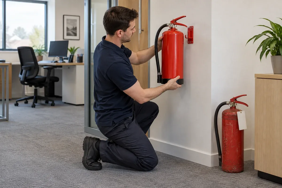 AI-generated illustration: Technician fitting a new water extinguisher to a wall bracket in an office.
