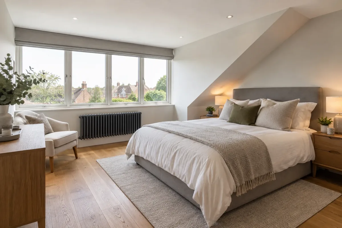 Finished dormer loft bedroom in a British home, wide dormer window bringing in daylight, comfortable double bed with simple linen, warm oak floor, sloping roof to one side, restrained contemporary decoration and realistic scale.
