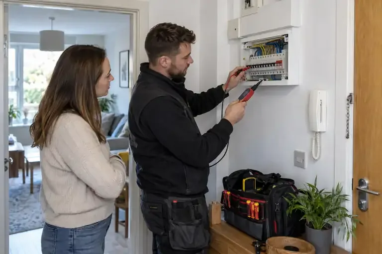 Bank holiday electrician: a professional electrician assessing or carrying out the electrical work.