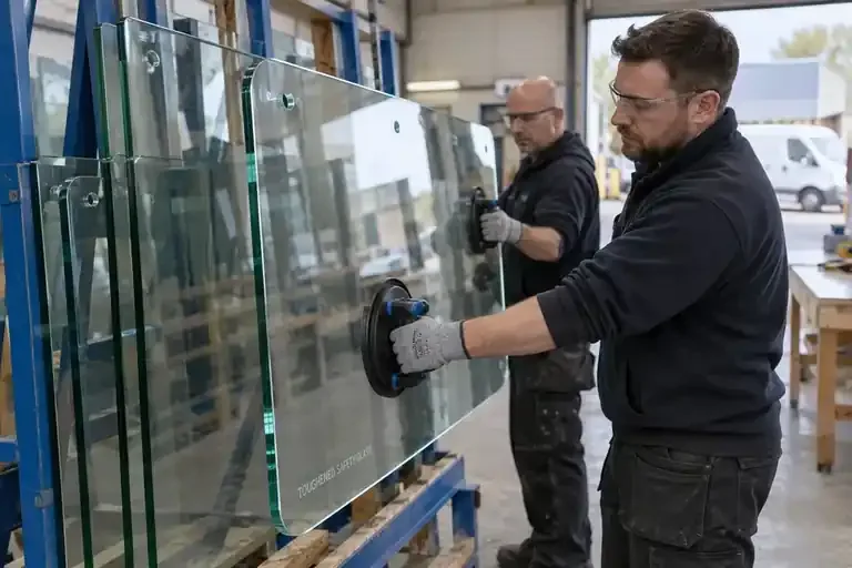 Two glaziers with suction handles move a finished thick, polished and predrilled glass panel from A-frame stock racks; the glass carries a TOUGHENED SAFETY GLASS marking.