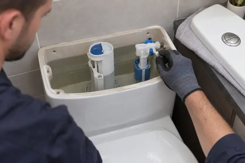 Plumber adjusting a cistern fill valve to stop a toilet running.