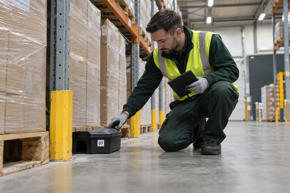 Professional pest technician in dark green workwear and plain high-visibility vest kneeling to inspect a secured closed black rodent monitoring station beside warehouse shelving, small simple station number 07 on its tag, clean British warehouse with pallet racks and sealed cartons, wide low-angle photo, no forklift movement, no poison visible.
