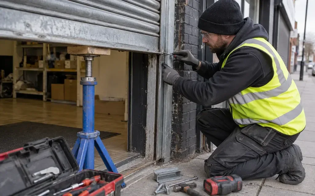 Engineer assessing a supported shop shutter and its guide