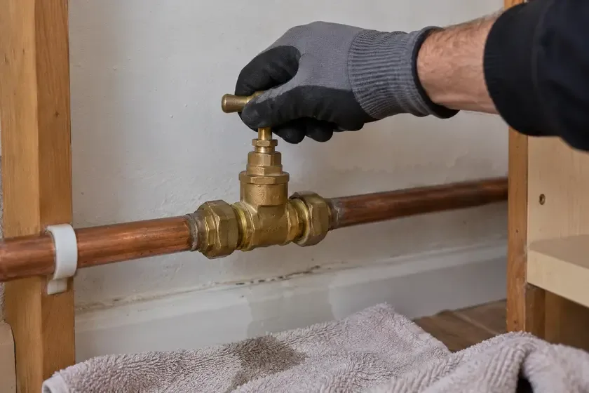 Plumber turning the main stopcock to isolate the water supply.