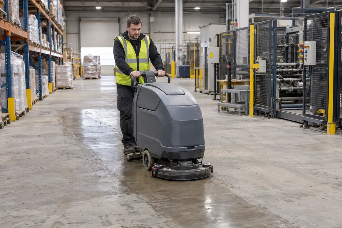 Commercial cleaner operating a walk-behind industrial floor scrubber on a dusty concrete aisle inside a UK warehouse workshop. Pallet racks at left and idle guarded industrial machinery at right, visibly cleaner floor behind scrubber. Clear professional industrial floor cleaning.