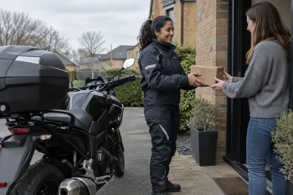 a motorcycle courier preparing or handing over a suitable consignment