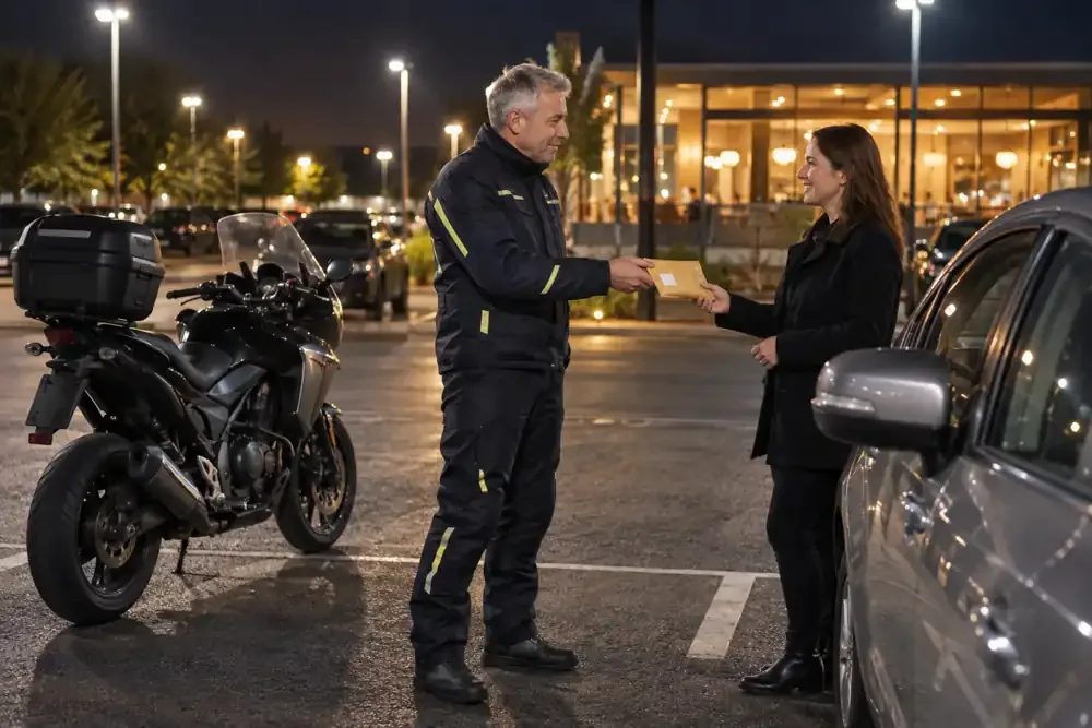 a motorcycle courier preparing or handing over a suitable consignment
