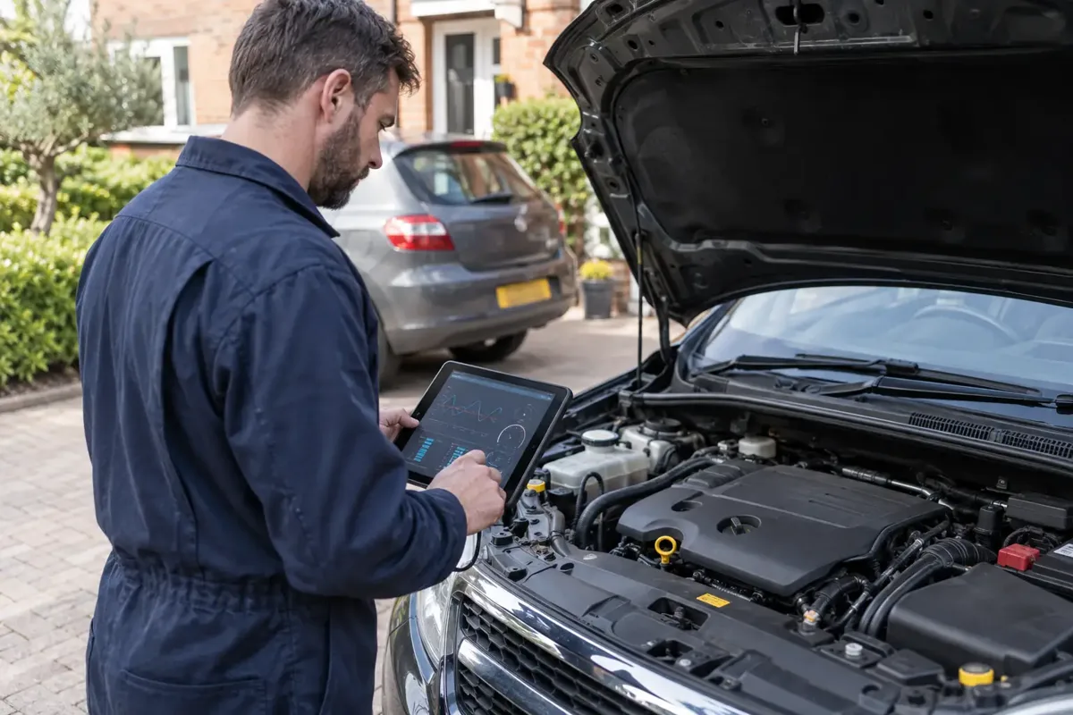 Mechanic diagnosing a car fuel system with a tablet